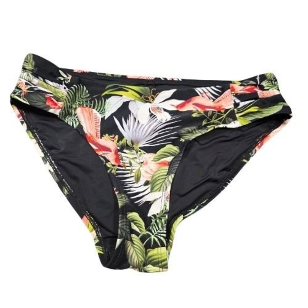 Womens 4 Tropical Floral Bikini Bottoms Black Multicolor Mid Rise Swim Briefs